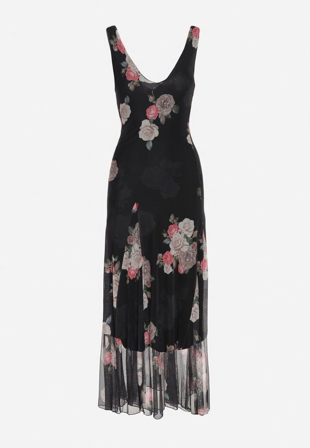 Born2be - Czarna Siateczkowa Sukienka z Kwiatowym Motywem Milanessa. Okazja: na co dzień. Kolor: czarny. Materiał: jeans. Wzór: kwiaty. Typ sukienki: proste. Styl: casual, elegancki