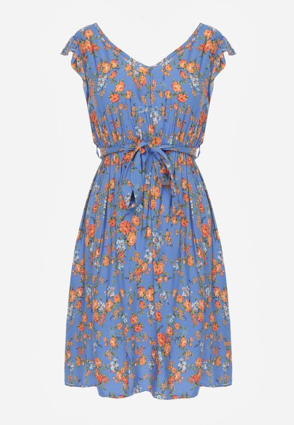 Born2be - Niebieska Sukienka z Gumką w Pasie z Wiskozy w Kwiaty Chrysa. Typ kołnierza: kołnierz z falbankami. Kolor: niebieski. Materiał: wiskoza. Wzór: kwiaty