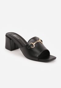 Born2be - Czarne Eleganckie Klapki na Słupku z Odkrytym Noskiem i Metaliczną Aplikacją Anazia. Okazja: na co dzień. Kolor: czarny. Materiał: jeans. Wzór: aplikacja. Sezon: lato. Obcas: na słupku. Styl: elegancki #9