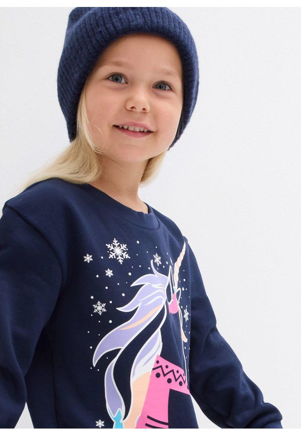 bonprix - Sukienka dresowa z czystej bawełny. Kolor: niebieski. Materiał: dresówka, bawełna. Sezon: zima