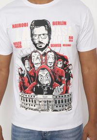 Born2be - Biały Klasyczny T-shirt z Bawełny z Dużym Nadrukiem Gunelia. Okazja: na co dzień. Kolor: biały. Materiał: bawełna. Wzór: nadruk. Styl: klasyczny