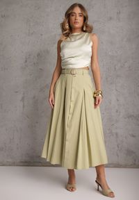 Renee - Zielona Rozkloszowana Spódnica z Kieszonkami i Paskiem z Klamrą Qualea. Okazja: na co dzień. Kolor: zielony. Materiał: wiskoza, bawełna, materiał. Styl: casual, elegancki #5