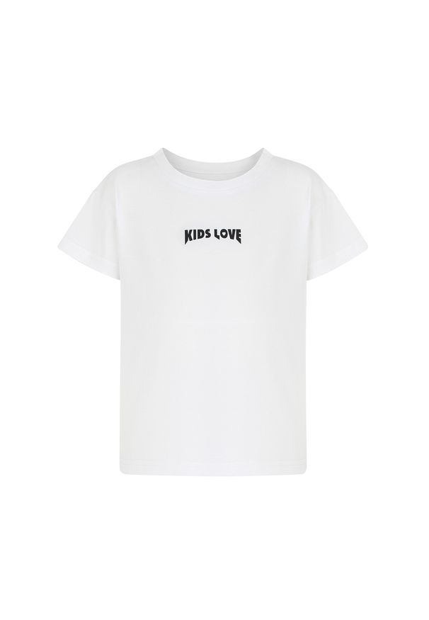 KIDS LOVE - Biały t-shirt z logo Menfi. Okazja: na co dzień. Kolor: biały. Materiał: bawełna, dresówka. Styl: klasyczny, casual