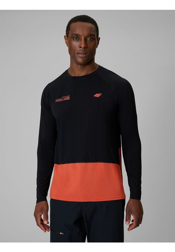 4f - 4F Longsleeve trekkingowy regular męski - czarny L. Kolor: czarny. Materiał: włókno, materiał. Długość rękawa: długi rękaw. Długość: długie. Sport: turystyka piesza