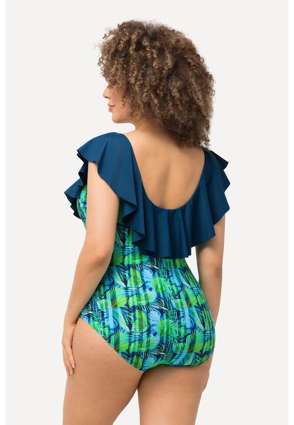ULLA POPKEN - Damski Kostium kąpielowy kwiaty paski miękkie miseczki falbana. Kolekcja: plus size. Kolor: zielony, niebieski, wielokolorowy. Materiał: elastan, poliamid, materiał. Wzór: paski, kwiaty