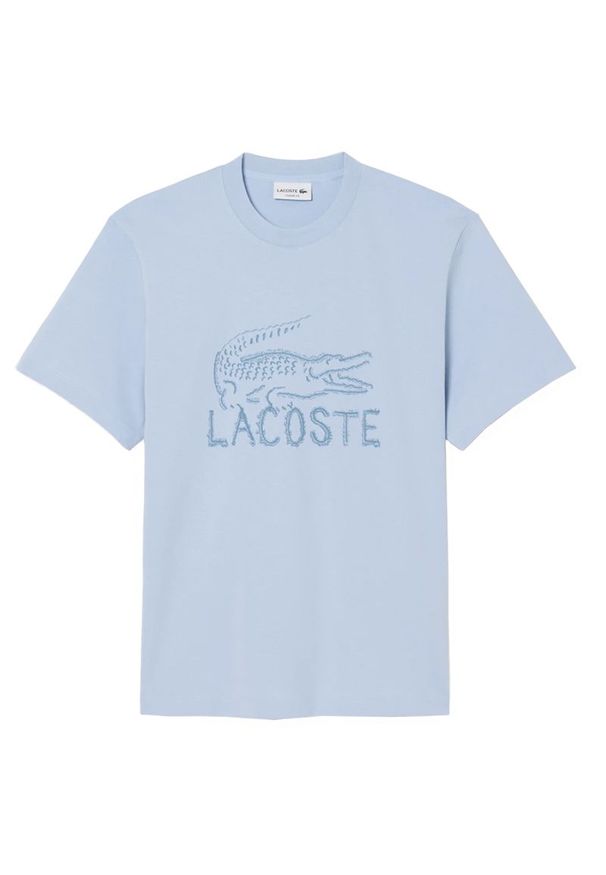 Koszulka męska Lacoste TH1427-HBA - niebieska. Kolor: niebieski. Materiał: bawełna, poliester. Długość rękawa: krótki rękaw. Długość: krótkie. Wzór: nadruk, aplikacja