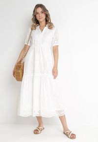 Born2be - Biała Haftowana Sukienka Maxi ze Ściągaczem w Talii Erlina. Kolor: biały. Materiał: tkanina. Wzór: haft. Sezon: lato. Długość: maxi #3