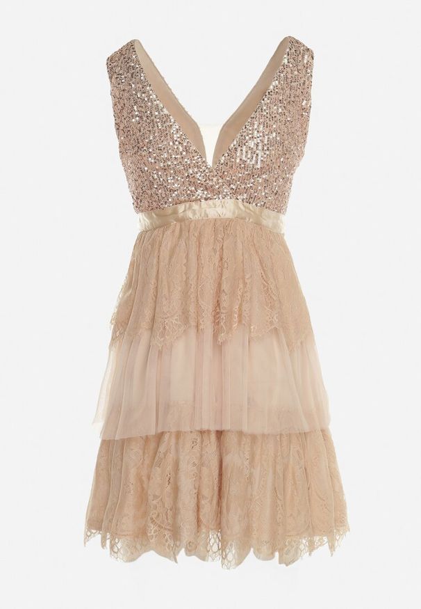 Born2be - Beżowa Rozkloszowana Sukienka Mini z Tiulowym Dołem i Cekinami Uriella. Kolor: beżowy. Materiał: tiul. Wzór: koronka. Długość: mini