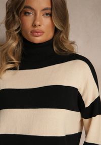 Renee - Czarno-Beżowy Golf Ozdobiony Paskami Raluna. Okazja: na co dzień. Typ kołnierza: golf. Kolor: czarny. Materiał: jeans. Wzór: aplikacja. Styl: casual