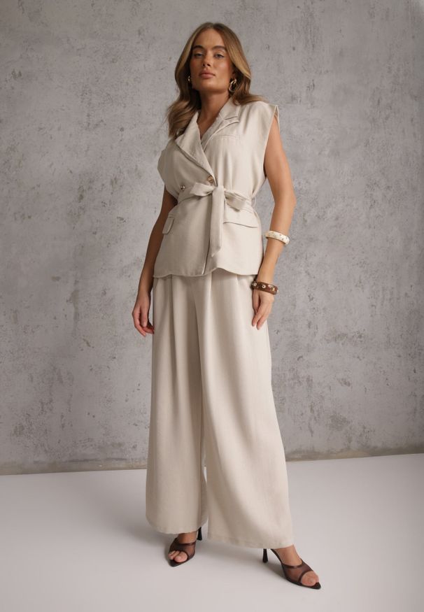 Renee - Beżowy Wiskozowy Komplet Garniturowy Spodnie Wide Leg i Kamizelka z Paskiem Elyenryl. Kolor: beżowy. Materiał: wiskoza