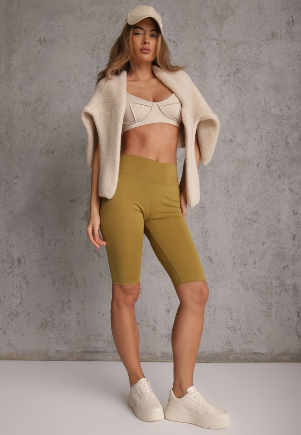 Renee - Zielone Szorty Bikery High Waist z Wyszczuplającym Pasem Briarrose. Okazja: na co dzień. Stan: podwyższony. Kolor: zielony. Materiał: len. Styl: casual, sportowy
