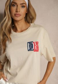 Renee - Beżowa Koszulka z Bawełny z Ozdobnym Nadrukiem Olinesse. Okazja: na co dzień. Kolor: beżowy. Materiał: bawełna. Wzór: nadruk. Styl: klasyczny, casual #5