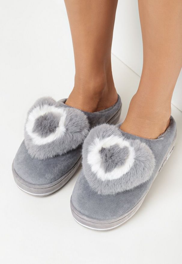 Born2be - Szare Kapcie na Grubej Podeszwie z Futrzaną Aplikacją Pictor. Okazja: na co dzień, do domu. Kolor: szary. Materiał: futro. Wzór: aplikacja. Styl: klasyczny, casual, elegancki