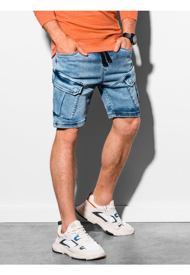 Ombre Clothing - Krótkie spodenki męskie jeansowe W220 - jasny jeans - XXL. Okazja: na co dzień. Materiał: jeans. Długość: krótkie. Sezon: wiosna, lato. Styl: casual