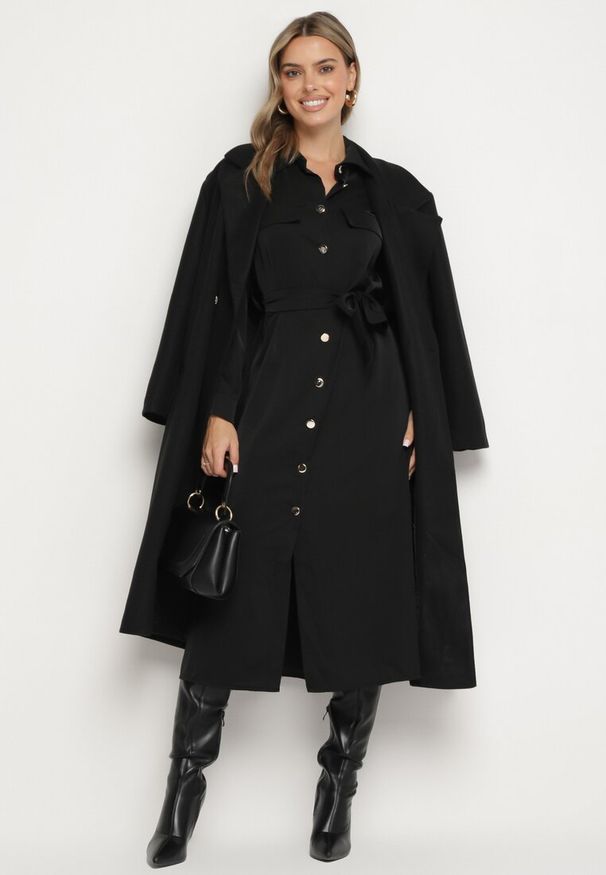 Born2be - Czarna Koszulowa Sukienka z Eleganckimi Guzikami i Wiązanym Paskiem w Talii Kortella. Okazja: na co dzień, na spotkanie biznesowe. Typ kołnierza: dekolt w serek. Kolor: czarny. Długość rękawa: długi rękaw. Typ sukienki: koszulowe. Styl: elegancki