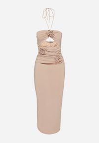 Born2be - Ciemnobeżowa Wiązana Midi Sukienka z Wycięciami i Aplikacjami z Materiału Cherice. Kolor: beżowy. Materiał: materiał. Wzór: aplikacja. Długość: midi #4