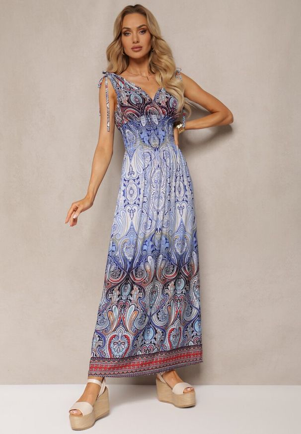 Renee - Niebieska Sukienka z Mozaikowym Wzorem Boho Gumką w Pasie i Sznurkami na Ramionach Ainervea. Kolor: niebieski. Materiał: tkanina. Sezon: lato. Styl: boho