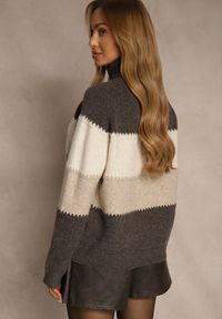 Renee - Brązowy Oversizowy Golf z Dodatkiem Kaszmiru w Szerokie Paski Nemeana. Typ kołnierza: golf. Kolor: brązowy. Materiał: kaszmir. Wzór: paski. Styl: elegancki #5