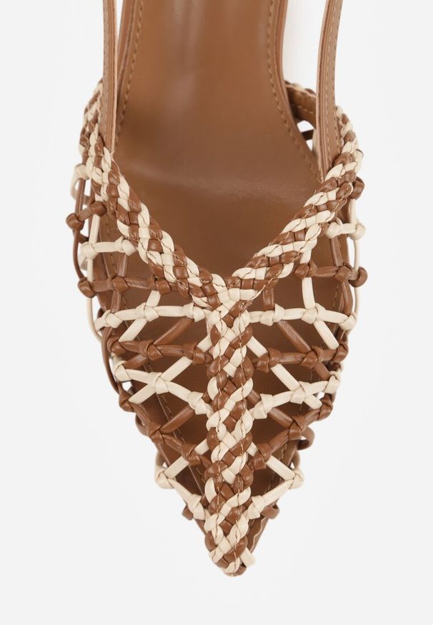 Renee - Brązowe Czółenka na Szpilce z Ażurową Szydełkową Cholewką Navioil. Zapięcie: pasek. Kolor: brązowy. Materiał: len, satyna. Szerokość cholewki: normalna. Wzór: ażurowy. Obcas: na szpilce. Wysokość obcasa: średni