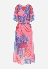 Born2be - Różowo-Niebieska Rozkloszowana Sukienka z Wiązaniem w Talii i Szerokimi Rękawami Nellanora. Kolor: różowy. Materiał: tkanina. Sezon: lato #3