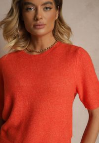 Renee - Pomarańczowy Sweter z Wełną Krótkim Rękawem Ozdobiony Ściągaczami Emiralin. Okazja: na co dzień. Kolor: pomarańczowy. Materiał: wełna. Długość rękawa: krótki rękaw. Długość: krótkie. Wzór: aplikacja. Styl: casual