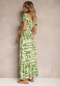 Renee - Zielona Sukienka z Wiskozy z Trójkątnym Dekoltem i Gumką w Pasie z Materiałowym Paskiem Viketa. Kolor: zielony. Materiał: materiał, wiskoza. Styl: elegancki