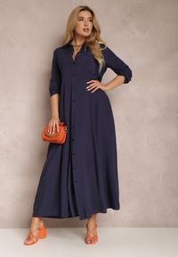 Renee - Granatowa Sukienka Hillcrest. Kolor: niebieski. Długość rękawa: długi rękaw. Typ sukienki: koszulowe. Długość: maxi