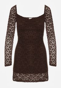 Born2be - Brązowa Koronkowa Sukienka o Dopasowanym Kroju z Kwadratowym Dekoltem Tiwedesa. Okazja: na imprezę. Typ kołnierza: dekolt kwadratowy. Kolor: brązowy. Materiał: koronka. Styl: klasyczny, elegancki #7