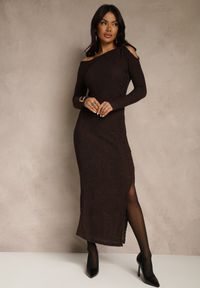 Renee - Brązowa Sukienka o Dopasowanym Kroju Ozdobiona Metaliczną Aplikacją Reittia. Okazja: na imprezę. Kolor: brązowy. Wzór: aplikacja. Sezon: wiosna #1