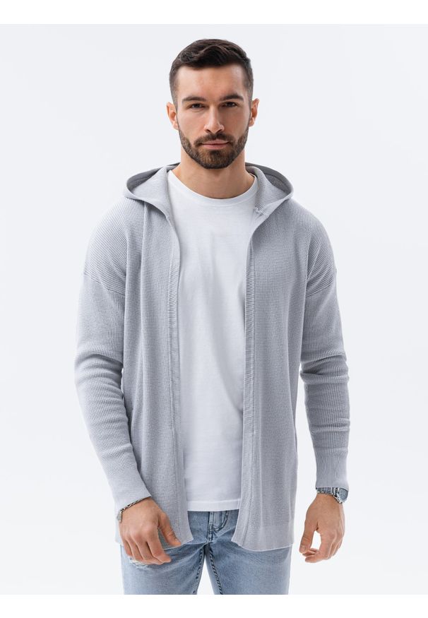 Ombre Clothing - Sweter męski kardigan z kapturem - jasnoszary V2 E188 - XXL. Typ kołnierza: kaptur. Kolor: szary. Materiał: bawełna, nylon, dzianina