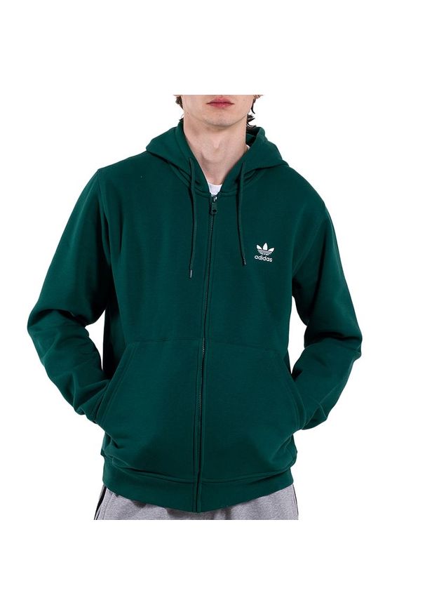 Adidas - Bluza męska adidas Originals Trefoil Essentials Full-Zip KD1321 - zielona. Okazja: na co dzień. Typ kołnierza: kaptur. Kolor: zielony. Materiał: materiał, bawełna, poliester. Wzór: aplikacja. Styl: casual, klasyczny