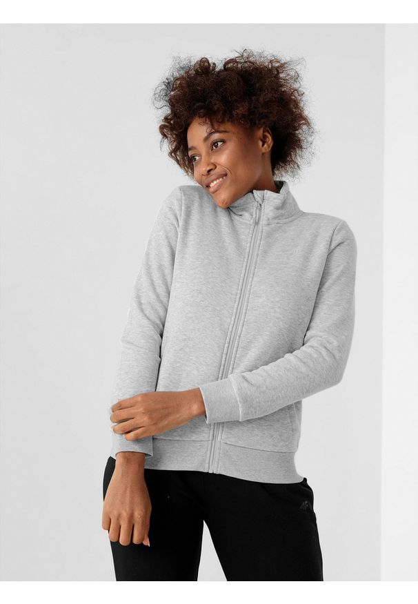 4f - Bluza dresowa rozpinana bez kaptura damska. Typ kołnierza: bez kaptura. Kolor: szary. Materiał: dresówka