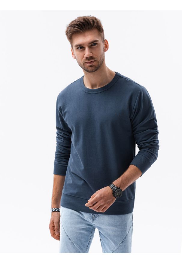 Ombre Clothing - Bluza męska bez kaptura B1153 - ciemnoniebieska - XXL. Typ kołnierza: bez kaptura. Kolor: niebieski. Materiał: poliester, bawełna