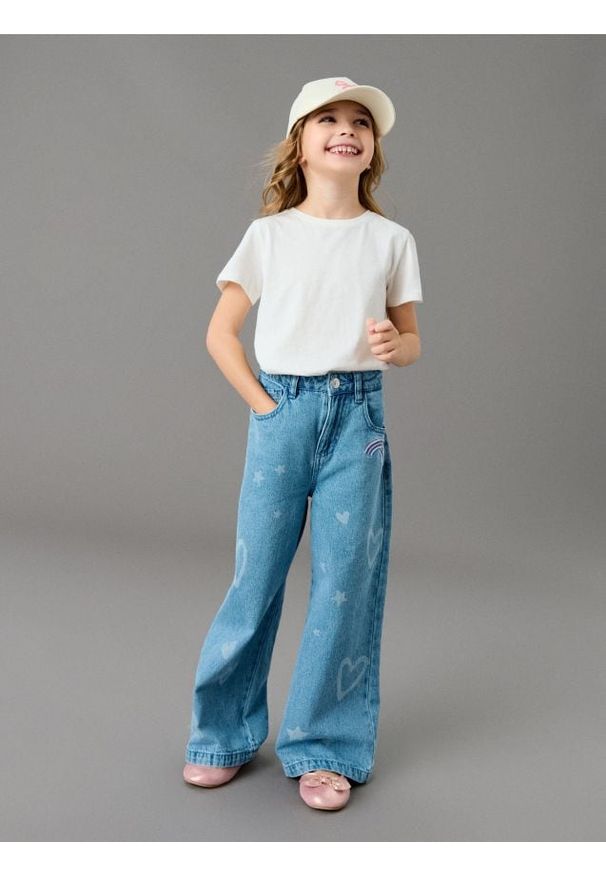 Sinsay - Jeansy wide leg z efektem sprania - niebieski. Kolor: niebieski