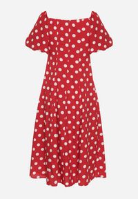 Born2be - Czerwona Rozkloszowana Sukienka Vices w Grochy z Dekoltem Typu Hiszpanka Zimina. Okazja: na co dzień. Typ kołnierza: dekolt hiszpanka. Kolor: czerwony. Materiał: skóra, materiał. Wzór: grochy. Typ sukienki: proste. Styl: klasyczny, casual #6