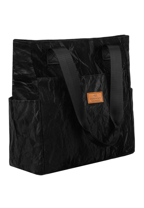 ROVICKY - Czarna, duża torba damska z poliestru w marmurkowy wzór, zamykana suwakiem Rovicky R-TZ-01. Kolor: czarny. Wzór: geometria, aplikacja