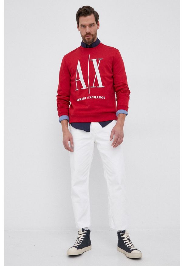 Armani Exchange - Bluza bawełniana. Okazja: na co dzień. Kolor: czerwony. Materiał: bawełna. Wzór: aplikacja. Styl: casual