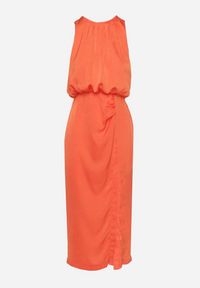 Born2be - Pomarańczowa Taliowana Sukienka Ozdobiona Marszczeniem Rindessa. Okazja: na spotkanie biznesowe, do pracy. Kolor: pomarańczowy. Wzór: aplikacja. Styl: klasyczny, biznesowy #5