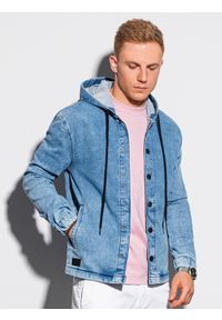 Ombre Clothing - Kurtka męska jeansowa - jasnoniebieska C477 - M. Typ kołnierza: kaptur. Kolor: niebieski. Materiał: jeans #1