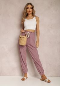 Renee - Ciemnofioletowe Spodnie Nethiphoia. Stan: podwyższony. Kolor: fioletowy. Materiał: bawełna. Długość: długie. Wzór: prążki, aplikacja #3