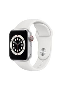 APPLE Watch 6 Cellular 44mm (Srebrny z opaską sportową w kolorze białym). Rodzaj zegarka: smartwatch. Kolor: srebrny, wielokolorowy, biały. Materiał: poliester, nylon, guma, materiał. Styl: sportowy #1