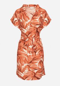 Born2be - Pomarańczowa Pudełkowa Sukienka z Dekoltem w Serek o Roślinnym Wzorze z Paskiem w Talii Resevia. Okazja: na spacer, na co dzień. Typ kołnierza: dekolt w serek. Kolor: pomarańczowy. Długość rękawa: krótki rękaw. Sezon: lato. Typ sukienki: proste. Styl: wizytowy, casual, elegancki #6