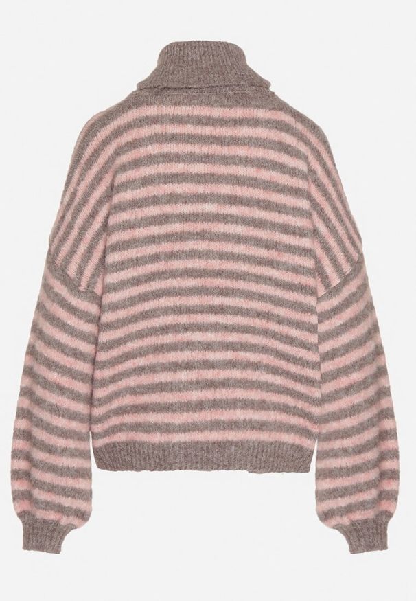 Born2be - Szaro-Różowy Golf z Domieszką Wełny w Paski Monallia. Okazja: na co dzień. Typ kołnierza: golf. Kolor: szary. Materiał: wełna. Wzór: paski. Styl: casual, klasyczny, elegancki