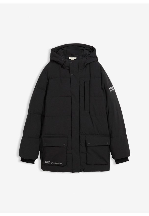 bonprix - Pikowana parka ze sportowymi detalami i kapturem. Kolor: czarny. Sezon: zima. Styl: sportowy