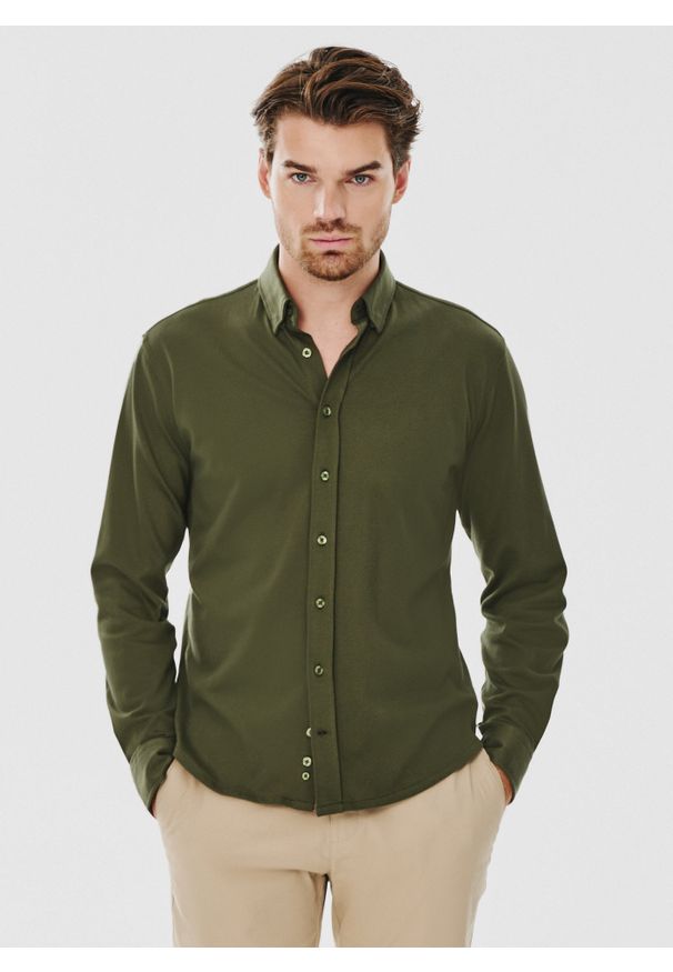 Pako Lorente - PAKO LORENTE – Zielona bawełniana koszula męska. Kolor: czarny, zielony, beżowy. Materiał: bawełna. Długość rękawa: długi rękaw. Długość: długie. Wzór: gładki