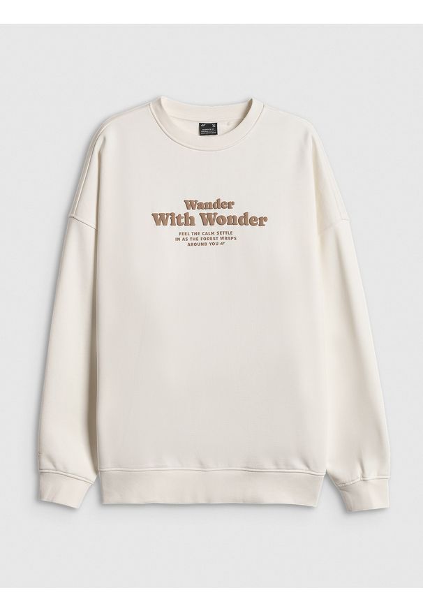 4f - 4F Bluza dresowa oversize bez kaptura damska - biała XL. Okazja: na co dzień, do domu. Typ kołnierza: bez kaptura. Kolor: biały. Materiał: dresówka. Wzór: nadruk. Styl: casual