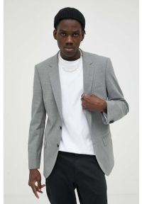 Hugo - HUGO marynarka z domieszką wełny kolor szary. Kolor: szary. Materiał: wełna. Wzór: aplikacja. Styl: klasyczny #3