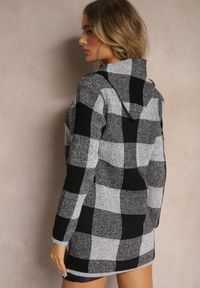 Renee - Czarny Długi Kardigan w Kratę z Ozdobną Broszką i Kapturem Terilinda. Okazja: na co dzień. Kolor: czarny. Materiał: jeans, bawełna. Długość: długie. Styl: klasyczny, casual, elegancki #5