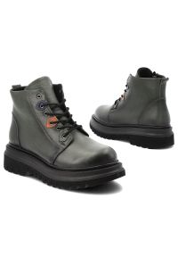 Zielone Botki Artiker Skórzane Obuwie Damskie. Zapięcie: sznurówki. Kolor: zielony. Materiał: skóra. Wzór: kolorowy. Sezon: zima, jesień. Styl: klasyczny #2