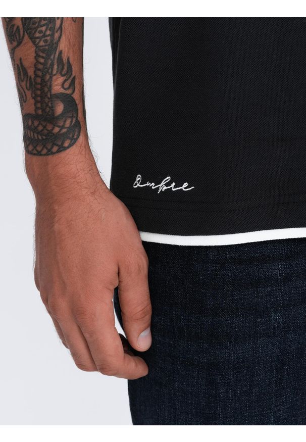 Ombre Clothing - Bawełniana męska koszulka polo z kontrastowymi wykończeniami – czarna V8 OM-POSS-0113 - XXL. Typ kołnierza: polo. Kolor: czarny. Materiał: bawełna. Wzór: haft
